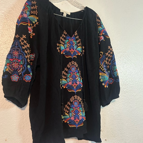 Farmers Market 3x Vibrant Floral Embroidered Black Boho Tunic Festival - Picture 5 of 16